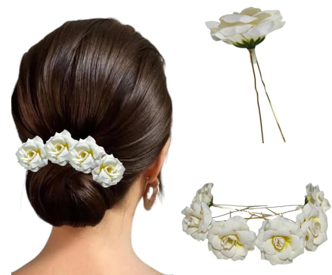 Hair Accessories For Women & Girls – Bridal Brooch & Braid for Hairstyle of Bride, Wedding & Party – Stylish Red Rose Artificial Flowers Bun Juda U Pins & Clips for Style & Decoration Pack of 6 White