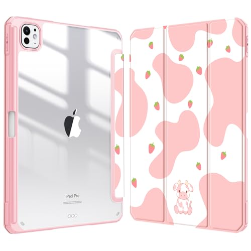 Image of Fintie Hybrid Slim Case for iPad Pro 11-inch (M5) 2025 / (M4) 2024 - [Built-in Pencil Holder] Shockproof Protective Cover with Clear Transparent Back Shell, Strawberry Cow
