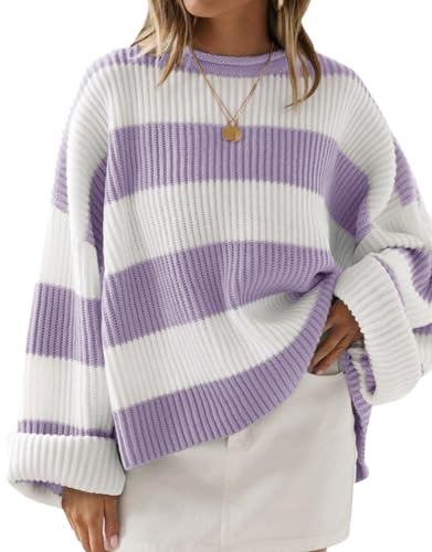 Image of ZESICA Womens Long Sleeve Oversized Striped Knitted Sweaters | Color Block Sweater,Crew Neck Sweater,Loose Fit Sweater,Ribbed Knit Pullover,2026 Fall Winter Sweater,Casual Going Out Top