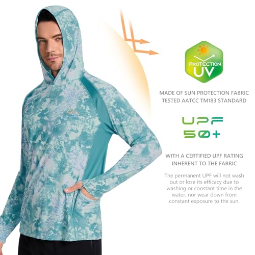 Image of Men's UPF 50+ Hoodie Shirt Long Sleeve Permanent UV Sun Protection Vented Tee Performance for Outdoor Hiking Fishing