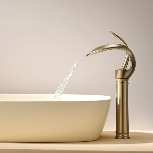 Mitigeur Lavabo Cascade Haut, Robinet Salle Bain or Brossé,Moderne Robinet Salle De Bain Cascade,...