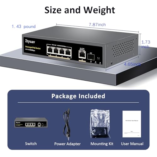 Image of 6-Port Full Gigabit Unmanaged PoE Switch with 4 PoE+ Ports @75W, 1 Uplink and 1 SFP Slot-IEEE802.3af /at, PD Auto-Detection, VLAN Mode, 6KV Protection, Metal Fanless Plug and Play