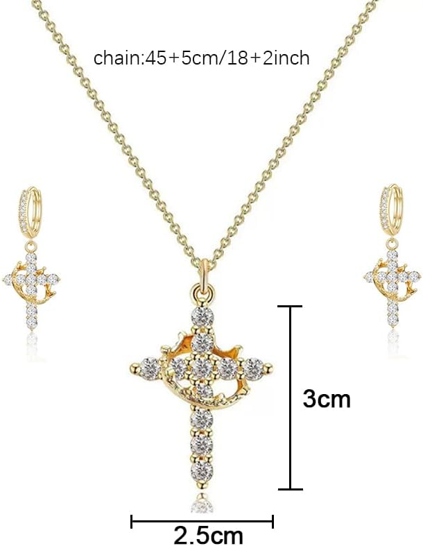 Crown Cross Necklace Earring Set for Women,Diamond Dainty 14k Gold Plated Cubic Zirconia Pendant Necklaces and Earring,Trendy Waterproof Non Tarnish Faith Jewelry First Communion Necklace - Image 4