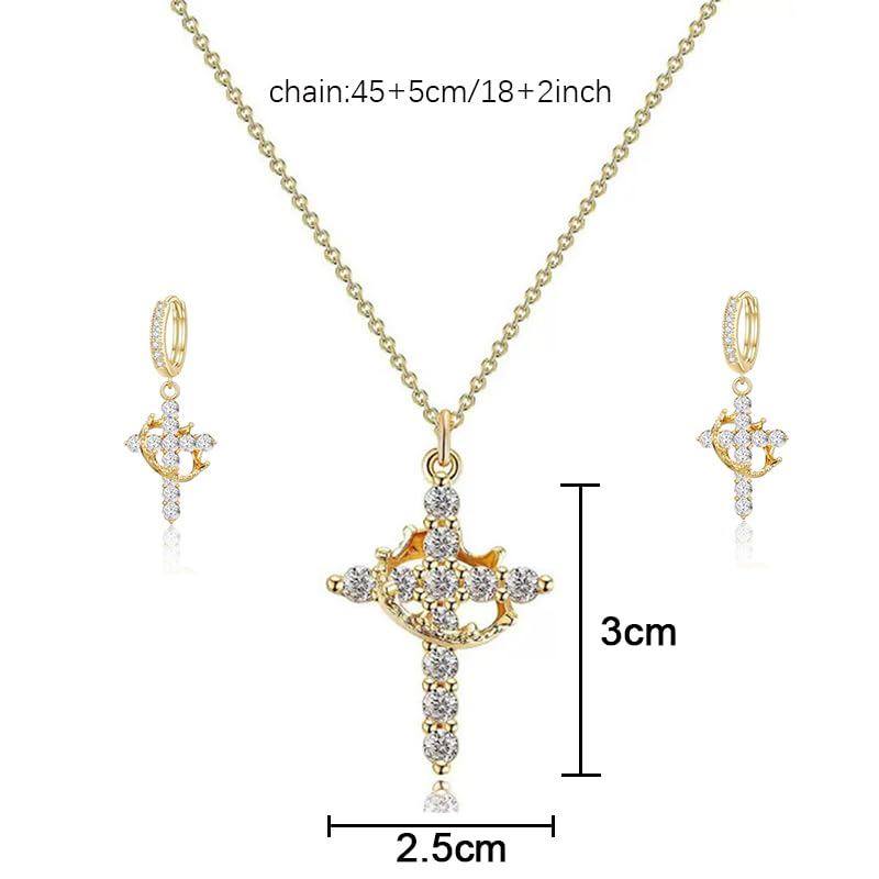 Crown Cross Necklace Earring Set for Women,Diamond Dainty 14k Gold Plated Cubic Zirconia Pendant Necklaces and Earring,Trendy Waterproof Non Tarnish Faith Jewelry First Communion Necklace4