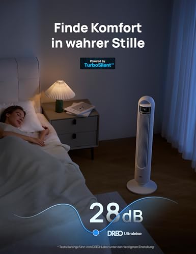 DREO Leiser Turmventilator, Ventilator mit Kühlung, Fernbedienung für Schlafzimmer, Tower Fan mit 4 Geschwindigkeiten, 3 Modi, 9,8 m Windreichweite, 8H Timer, 90° Oszillierend für Wohnzimmer 4