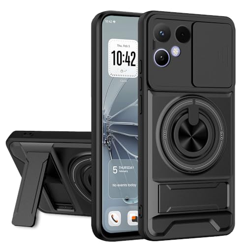 Image of AESTMO Tecno Pova Curve 2 Back Cover | Armor Camera Slider 360 Degree Rotating Finger Ring Holder Case with Bracket Stand & Camera Protection Back Case Cover for Tecno Pova Curve 2 (Black)