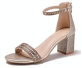 Lucky Bird Women's Block Chunky Heel Sandals with Rhinestones & Ankle Straps Open Toe Dressy Sparkly Dress Pump High Heels Sandals for Weddings, Prom and Party（Gold 10）