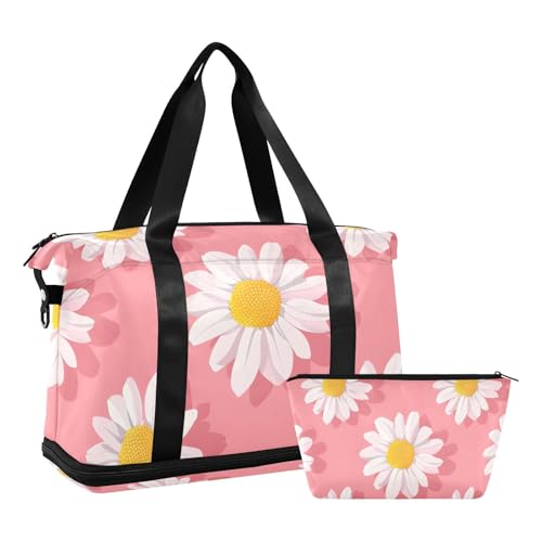 ALAZA Sports Duffel Bags with Toiletry Bag Set,Pink Daisy Travel Duffel Bags Multi Pockets Weekend Bag2