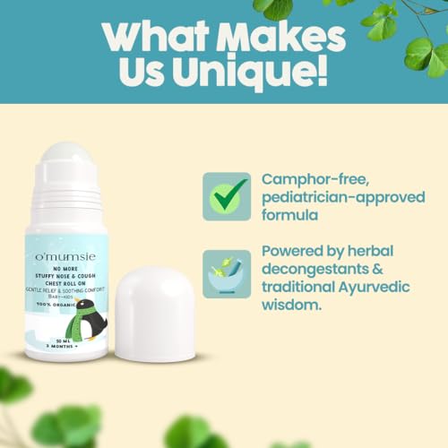 Image of Omumsie Natural Cold Relief Roll-On for Babies & Kids | Herbal Nasal Decongestant with Eucalyptus, Peppermint & Thymol | Eases Stuffy Nose, Cough & Congestion | Baby-Safe & Easy-to-Use (50ml)