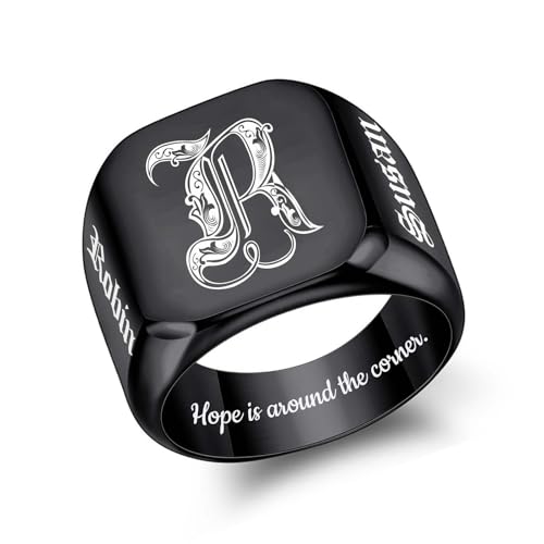 LOFART Custom Signet Ring for Men Personalized Initial Ring Custom Mens Rings Engraved Ring Customized Memorial Graduation Gifts for Father Husband Boyfriend Friends，Square Black
