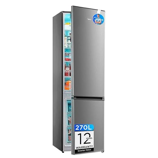 Midea MERB276FGE02 - Frigorífico Combi Inox - No Frost - Libre Instalación – Frigorífico de Gran Capacidad 199 L + 71 L Congelador – Control de temperatura táctil - Alto: 1.80 m - Ancho: 54.5 cm
