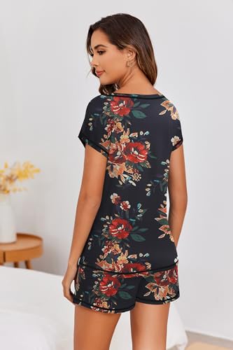 Image of Ekouaer Womens Pajama Sets 2 Piece Soft Short Sleeve Top and Shorts Sleepwear Round Neck Pjs Lounge Set with Pockets Black Big Flowers Large