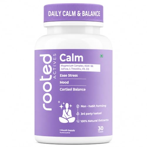 Image of Rooted Actives Calm Stress Relief Tablets | Magnesium Complex, KSM-66 Ashwagandha & L-Theanine | Anxiety Support, Mood Balance, Cortisol Control & Sleep Support | Non-Habit Forming | 30 Tablets