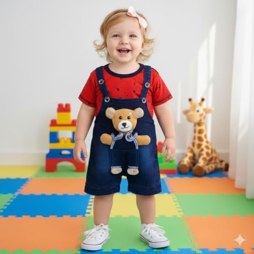 Image of A.T.U.N. (ALL THINGS UBER NICE) Baby Girls Cotton Denim Dungaree Set with 3D Teddy Bear Design |Printed T-Shirt with Adjustable Straps | Stylish & Comfortable Daily Outfit for Baby Unisex