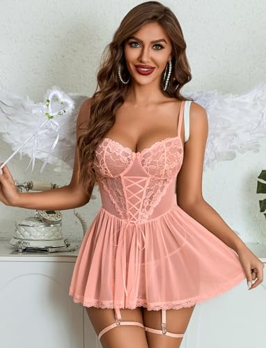 Image of Avidlove Women Lace Mesh Babydoll Lingerie Set with Garter Belt | 4 piece set, includes thong & garter belt, lace corset bodice, adjustable straps, S-4XL