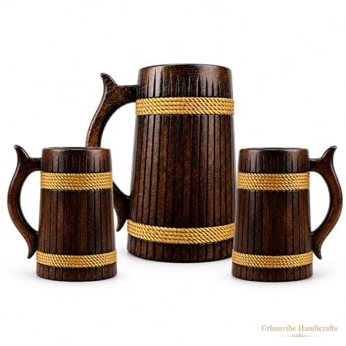 Image of Handcrafted Wooden Beer Bar Combo Set|Beer Mug |Barrel Shaped Jumbo Mug| (Thin Lines)(Set of 3) (2 Small Beer Mug 350ML Each & 1 Beer Jug Large 750ML)