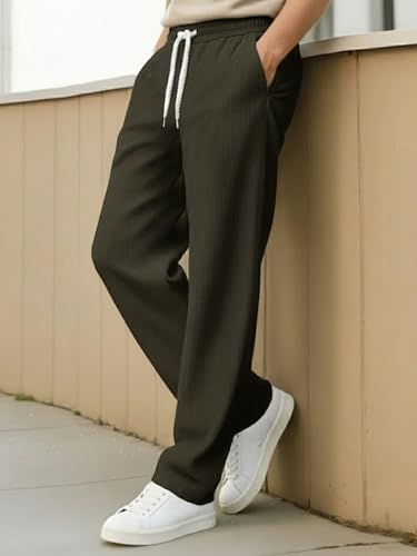 Image of Pinkmint Men's Stretchable Ribbed Track Pants | Poly Lycra Relaxed Fit Trousers | Elastic Waist Drawstring Joggers | Casual, Gym, Lounge Wear for Men