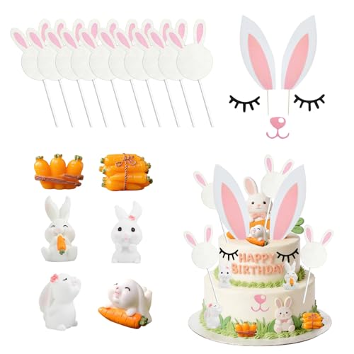 Décoration de Pâques 17 pièces cake topper lapin rose en carton scintillant avec bâtons en bambou décor de gâteau printemps pour fête, anniversaire, table pascale