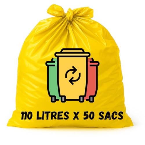 Sac Poubelle Jaune 110 Litres X 50 | Tri Sélectif | Lot de 50 Sacs Basse Densité 30 Microns (30µ) | Poubelles Carton - Journaux - Bouteille Plastique -...
