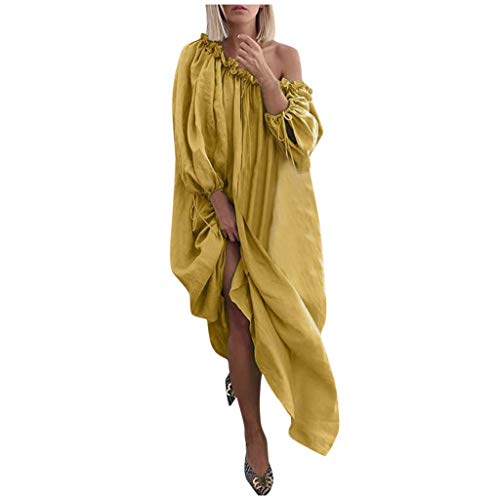 iQKA Women Plus Size Casual One Shoulder Shirt Dresses Vestido Vintage Solid Color Loose Boho Maxi Dress Yellow