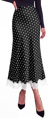 PRETTYGARDEN Women's Flowy Satin Midi A Line Skirt - Polka Dot Black, Small