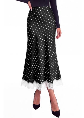 PRETTYGARDEN Women's Flowy Satin Midi A Line Skirt - Polka Dot Black, Small