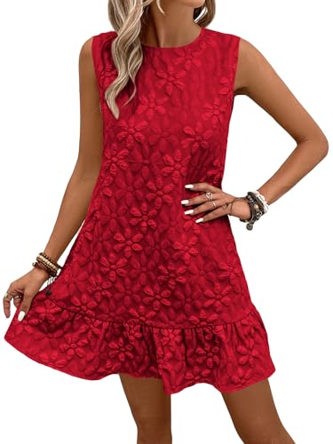 Image of SOLY HUX Women's Ruffle Hem Sleeveless Tank Dress Round Neck Casual Jacquard Hem Smock Summer Mini Dresses