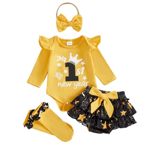 Kavousa New Years Baby Girl Outfit Long Sleeve 1st New Year Romper + Tutu Skirts + Leg Warmers+Headband Fall Winter Clothes (C Yellow 0-3 Months)