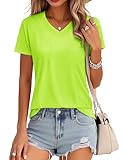 MAGCOMSEN Cotton Shirt for Women Short-Sleeve Classic-Fit Breathable V-Neck T-Shirt Basic Solid Casual Tee, Fluorescent Green, L