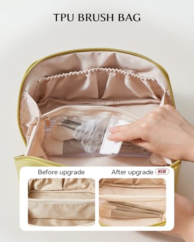 Image of EACHY Travel Makeup Bag, Large Capacity Cosmetic Bag for Women, Waterproof PU Leather, Flat Open Portable Toiletry Bag for Skincare, Brushes & Travel Essentials