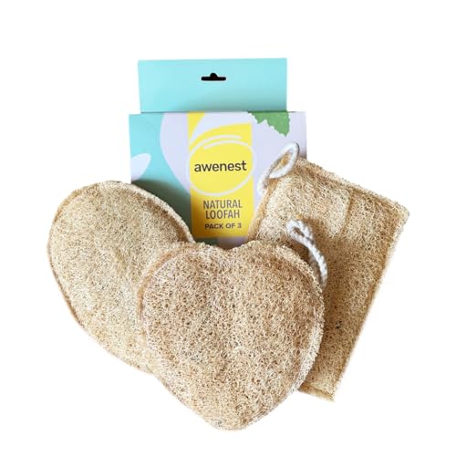 Image of awenest 100% Natural Sun-Dried Loofah | Organic Bath Scrubber for Women & Men | Gentle Exfoliating Body Scrub Sponge | Eco-Friendly, Biodegradable Body Brush | Removes Dead Skin | Pack of 3