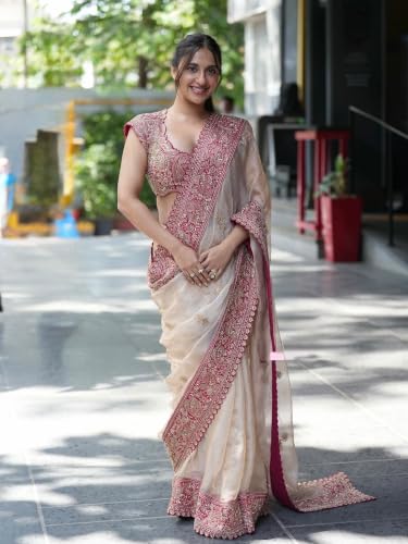 Image of Designer Organza Silk Saree for Women | Elegant Sequins & Thread Work Saree with Unstitched Blouse | Wedding Saree Collection