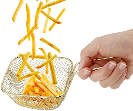 SEUNMUK 8 PCS Chip Serving Frying Baskets, Mini Chip Baskets with Handle, Chips Deep Fry Baskets Food Presentation Baskets for Chips Onion Rings Tapas Wing, Gold