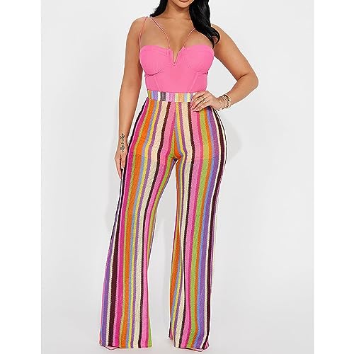 Women's Striped Knitted Crochet Wide Leg Pants High Waist Straight Leg Palazzo Pants4