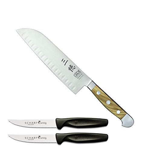 Güde Santokumesser 18 cm Kulle Alpha Olive X546/18 plus 2 x SCHARFsinnig Pizza- und Steakmesser ultra-sägescharf Cover