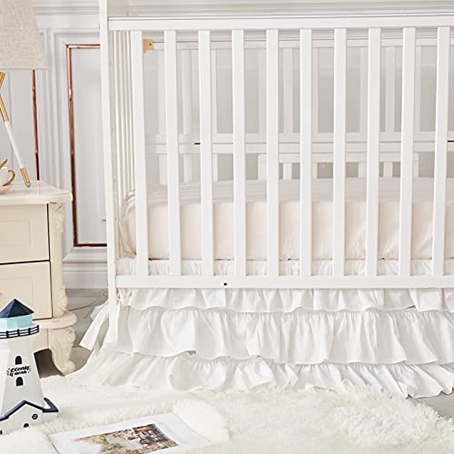 Image of Brandream Crib Skirt Triple Layer Cotton Nursery Bed Skirt for Baby Girls Boys Toddler Bedskirt Solid White Dust Ruffle