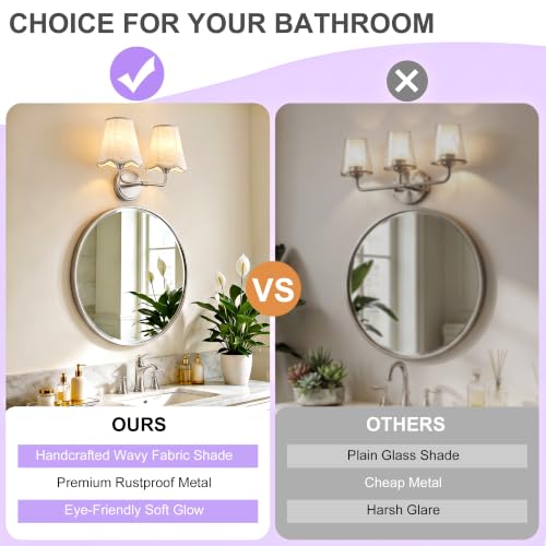 Image of Bathroom Light Fixtures 14 inch Vanity Light 2-Light Brushed Nickel | Farmhouse Bathroom Lights, Beige Wavy Fabric Shade, Dimmable Vanity Lighting Fixtures for Mirror Bedroom Living Room Hallway