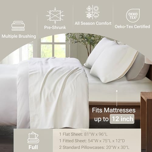 True North by Sleep Philosophy Cozy Flannel Warm 100% Cotton Sheet - Novelty Print Animals Stars Cute Ultra Soft Cold Weather Bedding Set, Full, Ivory Solid 4 Piece