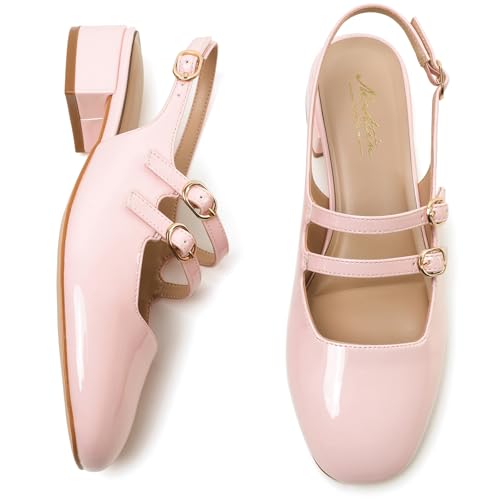 Image of Mostrin Mary Jane Shoes Women Slingback Chunky Low Heels for Women Closed Rounded Toe Ankle Strap Pumps Daily Wedding Party Dress Shoes