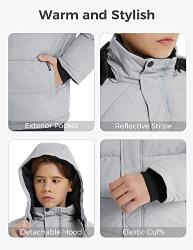 Wantdo Jungen Winter Warm Fleece Mäntel Verdickte Baumwolle Gepolstert Jacke Klassische Winddichte Gesteppte Parka Mäntel Outdoor Kapuzenjacke Grau 140-146