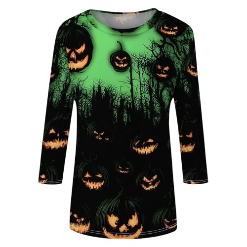 Image of Women Spooky Halloween Graphic Shirt 3 /4 Length Sleeve Crewneck Top | Halloween Funny Printed Pumpkin Plus Size Tshirts 2026 Fall Outfits Skeleton Tee Going Out Tops