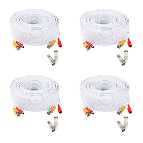 (4) 150ft Pre-Made All-in-One Siamese BNC Video and Power Cable Wire Cord with BNC Extension Connectors for CCTV Security Camera & DVR (4 Pack, 150 Feet, White)