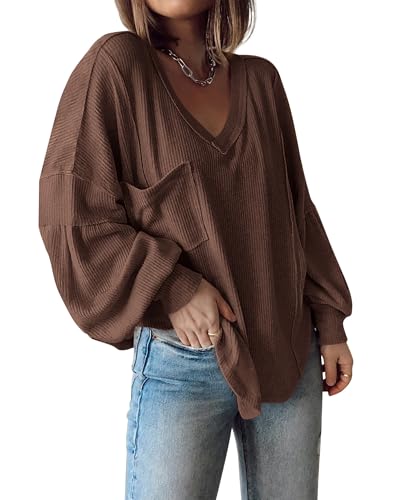 BTFBM Womens Fall Fashion 2025 Long Sleeve Shirts Casual V Neck Ribbed Knit Blouses Pullover Trendy Loose Fit Tunic Tops(Solid Caramel, X-Large)