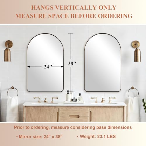 Image of ANDY STAR 24x38 Inch Brushed Champagne Bronze Arched Bathroom Mirror | Stainless Steel Metal Frame, HD Glass, Arch Top Rounded Corner 1 Inch Deep Set Design Wall Mount for Bathroom, Bedroom