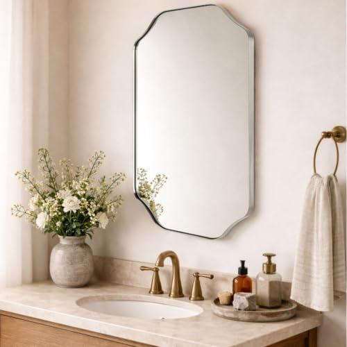 Image of TEHOME Chrome Scalloped Bathroom Mirror, 24x32'' Polished Silver Asymmetrical Bathroom Vanity Mirror for Wall