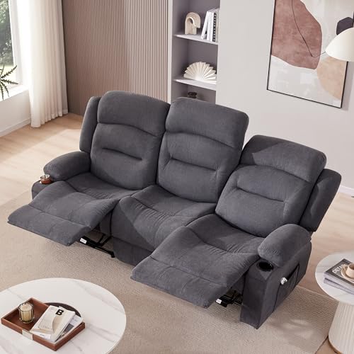 Weture Oversized Recliner Sofa with Heat and Massage, Wall-Hugger Reclining Sofa with Cup Holders and USB Port, Big Large 3-Seater RV Recliner Couch Sofa for Living Room (Fabric, Grey)
