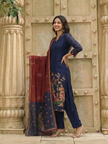 Image of GoSriKi Women Viscose Blend Printed Straight Kurta with Pant and Dupatta | Ladies Kurta Pant Dupatta Set | Women Ethnic Wear Dress | Indian Traditional Clothing for Girl