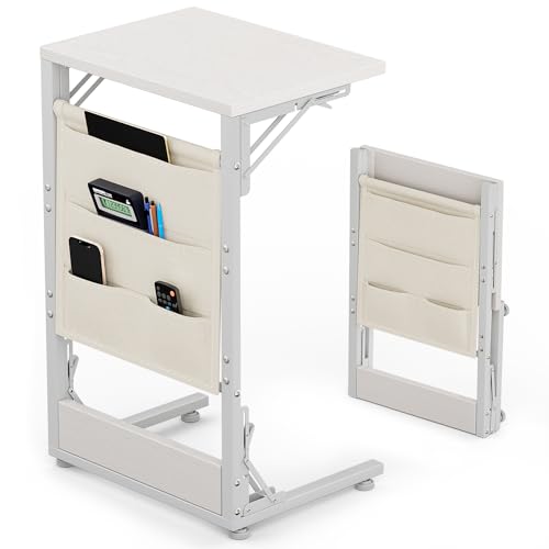 Image of Folding TV Tray Table, 28.8 inch Tall C-Shaped Side Table for Couch and Bed, Slide Under Sofa Side Desk with Storage Bag - Sturdy Metal Frame Tray for Living Room, Bedroom, Home & Office (White)