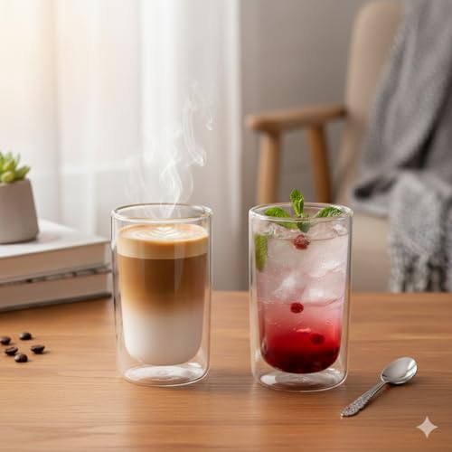 Image of The Better Home Zest Double Wall Borosilicate Glass Coffee Mug | Cups Set of 2-250ml Each | High Thermal Resistance | Microwave & Dishwasher Safe | Gifting Pack for Friends /Family /Couples | Grey