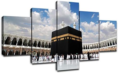 Wall Decor Muslim Pilgrims Pictures Contemporary Canvas Art Kaaba Mecca Saudi Arabia Artwork Multi Panel Paintings Living Room House Decorations Prints Framed Posters Ready to Hang(60''Wx32''H)